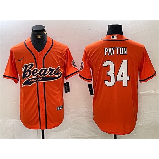 Men Chicago Bears 34 Walter Payton Orange With Patch Cool Base Stitched Baseball Jersey Men Chicago Bears 34 Walter Payton Orange With Patch Cool Base Stitched Baseball Jersey