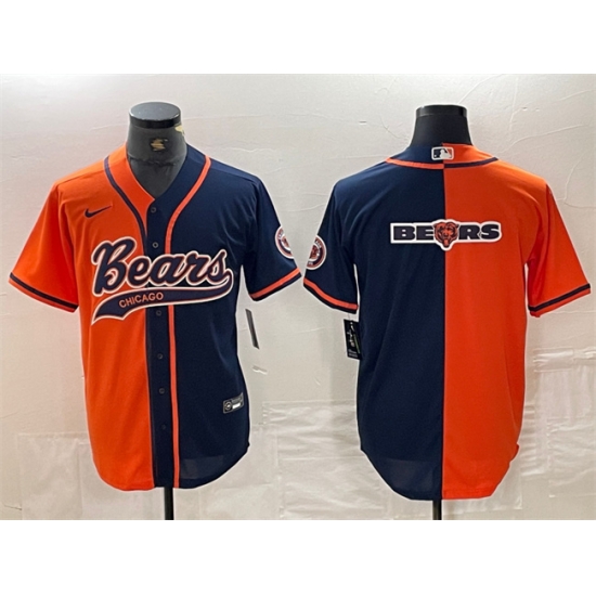 Men Chicago Bears Team Big Logo Orange Navy Split With Patch Cool Base Stitched Baseball Jersey Men Chicago Bears Team Big Logo Orange Navy Split With Patch Cool Base Stitched Baseball Jersey