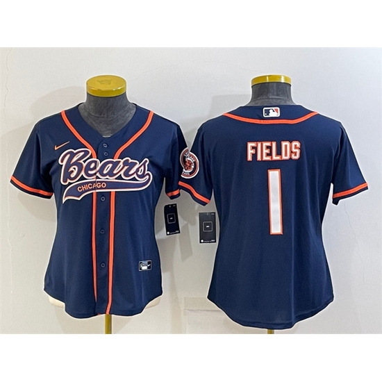 Women Chicago Bears 1 Justin Fields Navy With Patch Cool Base Stitched Baseball Jersey Women Chicago Bears 1 Justin Fields Navy With Patch Cool Base Stitched Baseball Jersey