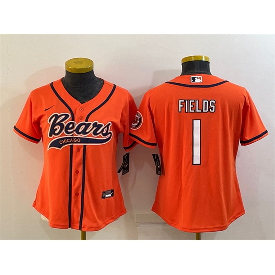 Women Chicago Bears 1 Justin Fields Orange With Patch Cool Base Stitched Baseball Jersey Women Chicago Bears 1 Justin Fields Orange With Patch Cool Base Stitched Baseball Jersey