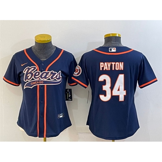 Women Chicago Bears 34 Walter Payton Navy With Patch Cool Base Stitched Baseball Jersey