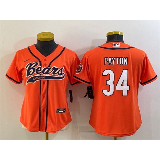 Women Chicago Bears 34 Walter Payton Orange With Patch Cool Base Stitched Baseball Jersey Women Chicago Bears 34 Walter Payton Orange With Patch Cool Base Stitched Baseball Jersey