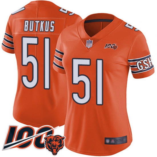 Women Chicago Bears 51 Dick Butkus Orange Alternate 100th Season Limited Football Jersey Women Chicago Bears 51 Dick Butkus Orange Alternate 100th Season Limited Football Jersey