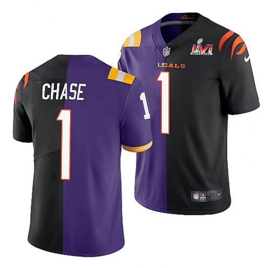 Men Cincinnati Bengals 1 Ja 27Marr Chase 2022 Purple Black Split Super Bowl LVI Stitched Jerse Men Cincinnati Bengals 1 Ja 27Marr Chase 2022 Purple Black Split Super Bowl LVI Stitched Jerse