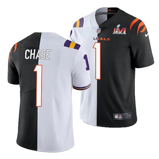 Men Cincinnati Bengals 1 Ja 27Marr Chase 2022 White Black Split Super Bowl LVI Stitched Jerse Men Cincinnati Bengals 1 Ja 27Marr Chase 2022 White Black Split Super Bowl LVI Stitched Jerse