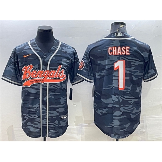 Men Cincinnati Bengals 1 Ja 27Marr Chase Grey Camo With Patch Cool Base Stitched Baseball Jersey Men Cincinnati Bengals 1 Ja 27Marr Chase Grey Camo With Patch Cool Base Stitched Baseball Jersey