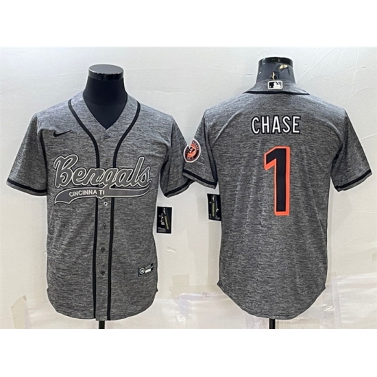 Men Cincinnati Bengals 1 Ja 27Marr Chase Grey With Patch Cool Base Stitched Baseball Jersey Men Cincinnati Bengals 1 Ja 27Marr Chase Grey With Patch Cool Base Stitched Baseball Jersey