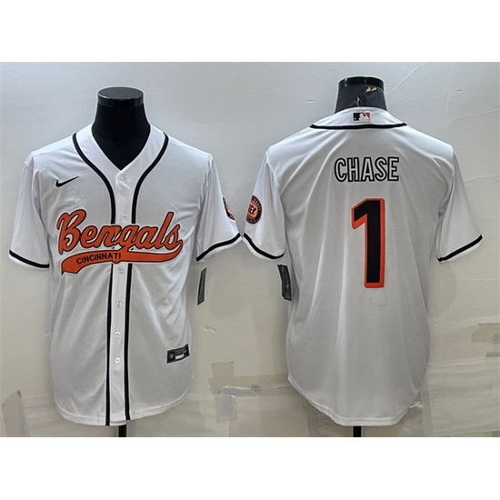 Men Cincinnati Bengals 1 Ja 27Marr Chase White With Patch Cool Base Stitched Baseball Jersey Men Cincinnati Bengals 1 Ja 27Marr Chase White With Patch Cool Base Stitched Baseball Jersey