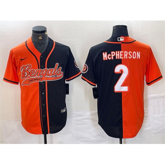Men Cincinnati Bengals 2 Evan McPherson Black Orange Split With Patch Cool Base Stitched Baseball Jersey Men Cincinnati Bengals 2 Evan McPherson Black Orange Split With Patch Cool Base Stitched Baseball Jersey