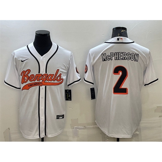 Men Cincinnati Bengals 2 Evan McPherson White With Patch Cool Base Stitched Baseball Jersey Men Cincinnati Bengals 2 Evan McPherson White With Patch Cool Base Stitched Baseball Jersey