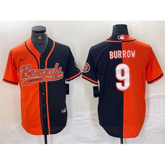 Men Cincinnati Bengals 9 Joe Burrow Black Orange Split With Patch Cool Base Stitched Baseball Jersey Men Cincinnati Bengals 9 Joe Burrow Black Orange Split With Patch Cool Base Stitched Baseball Jersey