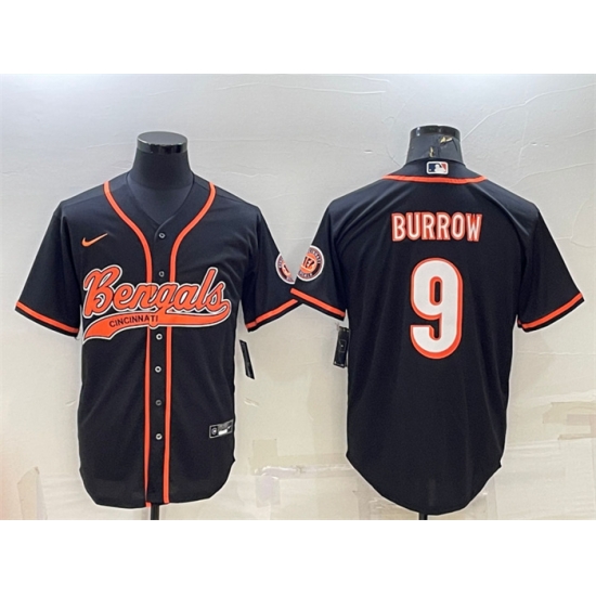 Men Cincinnati Bengals 9 Joe Burrow Black With Patch Cool Base Stitched Baseball Jersey Men Cincinnati Bengals 9 Joe Burrow Black With Patch Cool Base Stitched Baseball Jersey