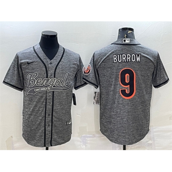 Men Cincinnati Bengals 9 Joe Burrow Grey With Patch Cool Base Stitched Baseball Jersey Men Cincinnati Bengals 9 Joe Burrow Grey With Patch Cool Base Stitched Baseball Jersey