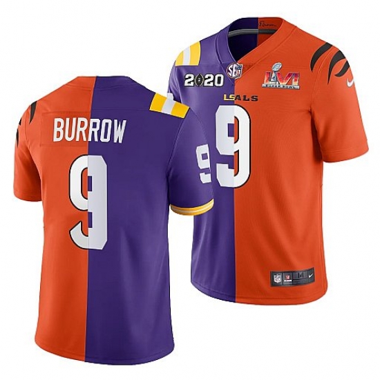 Men Cincinnati Bengals X LSU Tigers 9 Joe Burrow 2022 Purple Orange Split Super Bowl LVI Stitched Jerse Men Cincinnati Bengals X LSU Tigers 9 Joe Burrow 2022 Purple Orange Split Super Bowl LVI Stitched Jerse
