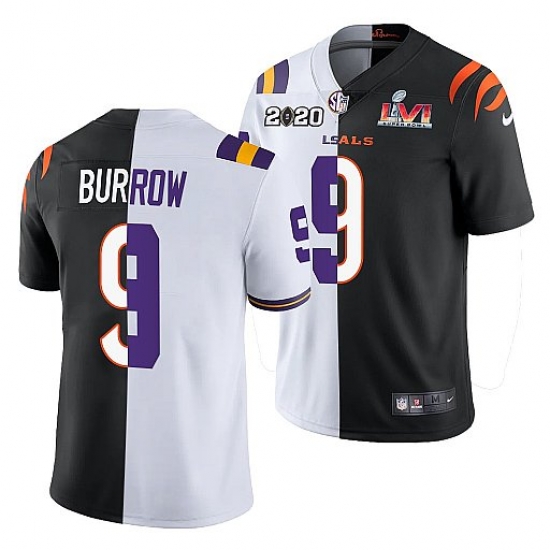 Men Cincinnati Bengals X LSU Tigers 9 Joe Burrow 2022 White Black Split Super Bowl LVI Stitched Jerse Men Cincinnati Bengals X LSU Tigers 9 Joe Burrow 2022 White Black Split Super Bowl LVI Stitched Jerse