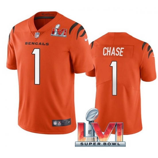 Nike Cincinati Bengals 1 Ja'Marr Chase Orange 2022 Super Bowl LVI Vapor Limited Jersey Nike Cincinati Bengals 1 Ja'Marr Chase Orange 2022 Super Bowl LVI Vapor Limited Jersey