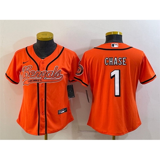 Women Cincinnati Bengals 1 Ja 27Marr Chase Orange With Patch Cool Base Stitched Baseball Jersey Women Cincinnati Bengals 1 Ja 27Marr Chase Orange With Patch Cool Base Stitched Baseball Jersey