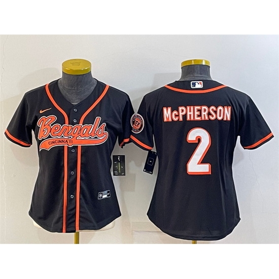 Women Cincinnati Bengals 2 Evan McPherson Black With Patch Cool Base Stitched Baseball Jersey Women Cincinnati Bengals 2 Evan McPherson Black With Patch Cool Base Stitched Baseball Jersey
