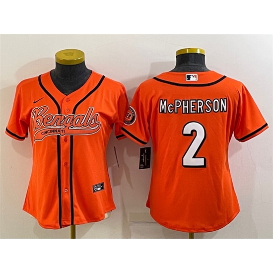 Women Cincinnati Bengals 2 Evan McPherson Orange With Patch Cool Base Stitched Baseball Jersey Women Cincinnati Bengals 2 Evan McPherson Orange With Patch Cool Base Stitched Baseball Jersey