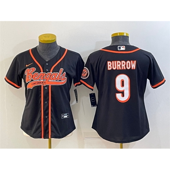 Women Cincinnati Bengals 9 Joe Burrow Black With Patch Cool Base Stitched Baseball Jersey Women Cincinnati Bengals 9 Joe Burrow Black With Patch Cool Base Stitched Baseball Jersey
