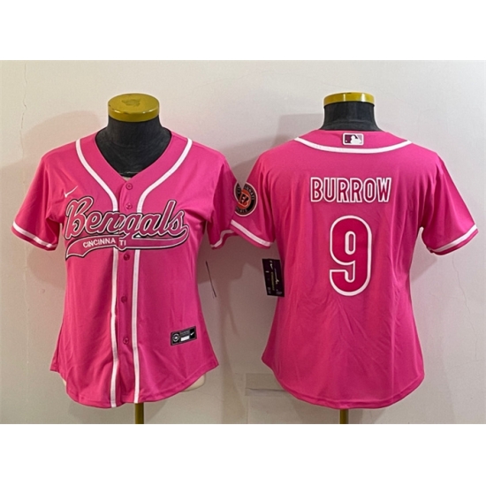 Women Cincinnati Bengals 9 Joe Burrow Pink With Patch Cool Base Stitched Baseball Jersey Women Cincinnati Bengals 9 Joe Burrow Pink With Patch Cool Base Stitched Baseball Jersey