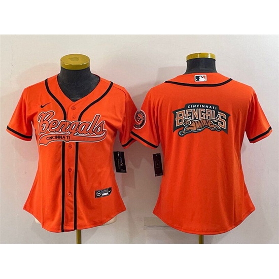 Women Cincinnati Bengals Orange Team Big Logo With Patch Cool Base Stitched Baseball Jersey Women Cincinnati Bengals Orange Team Big Logo With Patch Cool Base Stitched Baseball Jersey