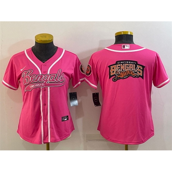 Women Cincinnati Bengals Pink Team Big Logo With Patch Cool Base Stitched Baseball Jersey Women Cincinnati Bengals Pink Team Big Logo With Patch Cool Base Stitched Baseball Jersey