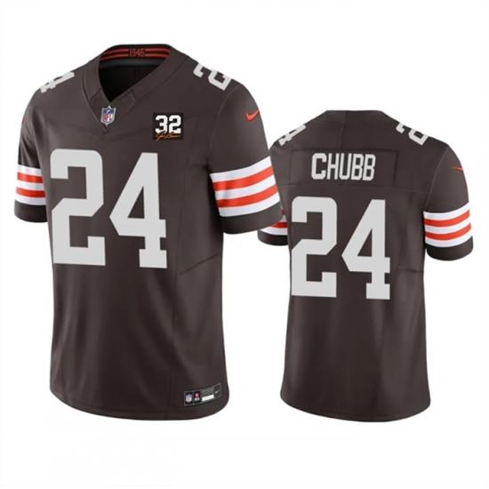 Men Cleveland Browns 24 Nick Chubb Brown 2023 F U S E With Jim Brown Memorial Patch Vapor Untouchable Limited Stitched Jersey Men Cleveland Browns 24 Nick Chubb Brown 2023 F U S E With Jim Brown Memorial Patch Vapor Untouchable Limited Stitched Jersey