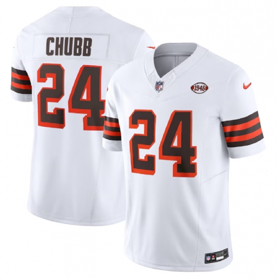 Men Cleveland Browns 24 Nick Chubb White 2023 F U S E 1946 Collection Vapor Untouchable Limited Stitched Jersey Men Cleveland Browns 24 Nick Chubb White 2023 F U S E 1946 Collection Vapor Untouchable Limited Stitched Jersey