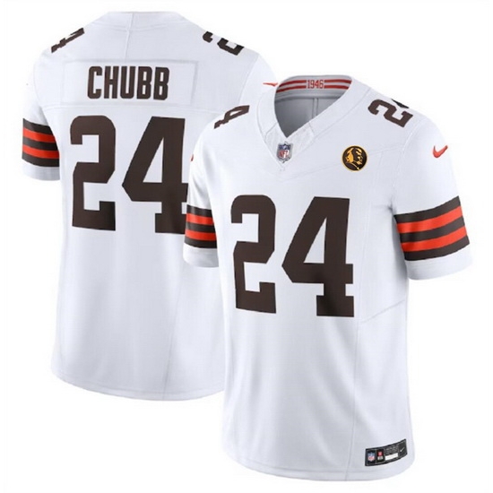Men Cleveland Browns 24 Nick Chubb White 2023 F U S E With John Madden Patch Vapor Limited Stitched Football Jersey Men Cleveland Browns 24 Nick Chubb White 2023 F U S E With John Madden Patch Vapor Limited Stitched Football Jersey