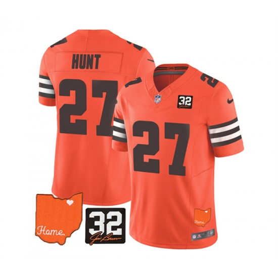 Men Cleveland Browns 27 Kareem Hunt Orange 2023 F U S E  With Jim Brown Memorial Patch Vapor Untouchable Limited Stitched Jersey