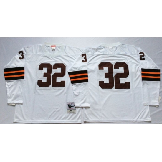 Men Cleveland Browns 32 Jim Brown White Long Sleeve M&N Throwback Jersey Men Cleveland Browns 32 Jim Brown White Long Sleeve M&N Throwback Jersey