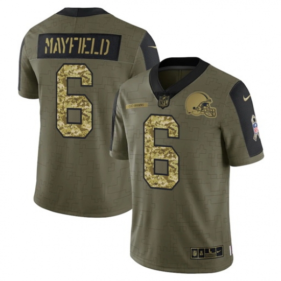 Men Cleveland Browns 6 Baker Mayfield 2021 Salute To Service Olive Camo Limited Stitched Jersey Men Cleveland Browns 6 Baker Mayfield 2021 Salute To Service Olive Camo Limited Stitched Jersey