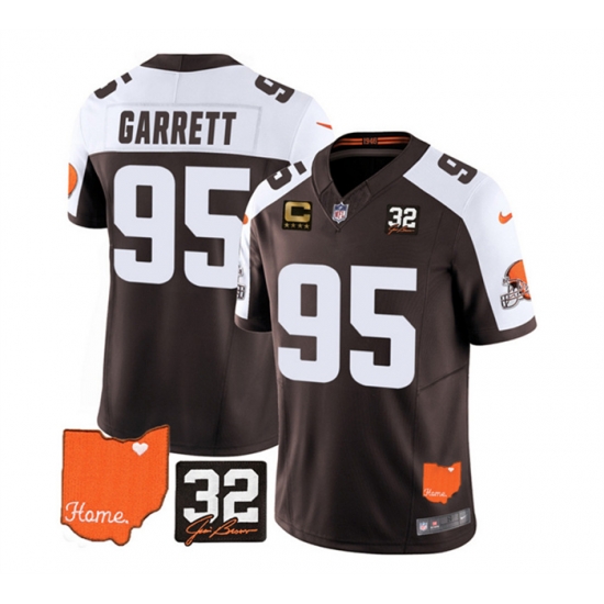 Men Cleveland Browns 95 Myles Garrett Brown White 2023 F U S E With Jim Brown Memorial Patch And 4 Star C Patch Vapor Untouchable Limited Stitched Jersey Men Cleveland Browns 95 Myles Garrett Brown White 2023 F U S E With Jim Brown Memorial Patch And 4 Star C Patch Vapor Untouchable Limited Stitched Jersey