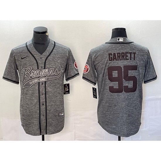 Men Cleveland Browns 95 Myles Garrett Grey With Patch Cool Base Stitched Baseball Jersey Men Cleveland Browns 95 Myles Garrett Grey With Patch Cool Base Stitched Baseball Jersey
