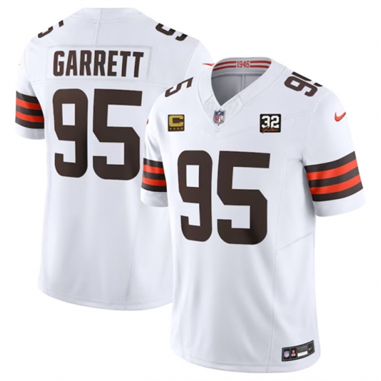 Men Cleveland Browns 95 Myles Garrett White 2023 F U S E With 4 Star C Patch And Jim Brown Memorial Patch Vapor Untouchable Limited Stitched Jersey Men Cleveland Browns 95 Myles Garrett White 2023 F U S E With 4 Star C Patch And Jim Brown Memorial Patch Vapor Untouchable Limited Stitched Jersey