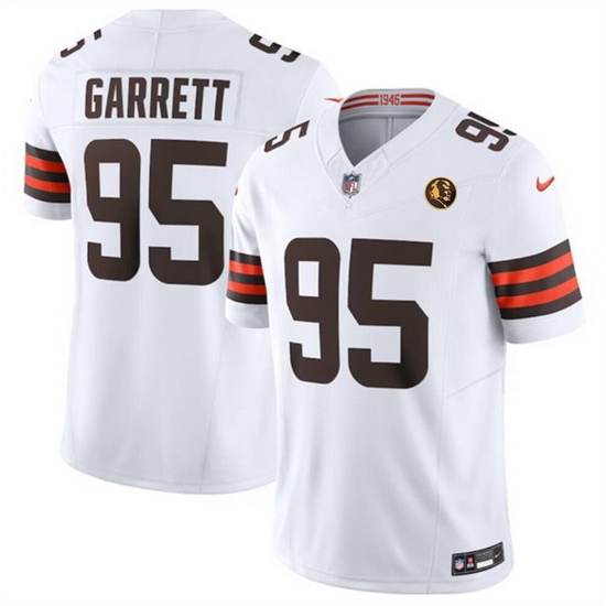 Men Cleveland Browns 95 Myles Garrett White 2023 F U S E With John Madden Patch Vapor Limited Stitched Football Jersey Men Cleveland Browns 95 Myles Garrett White 2023 F U S E With John Madden Patch Vapor Limited Stitched Football Jersey