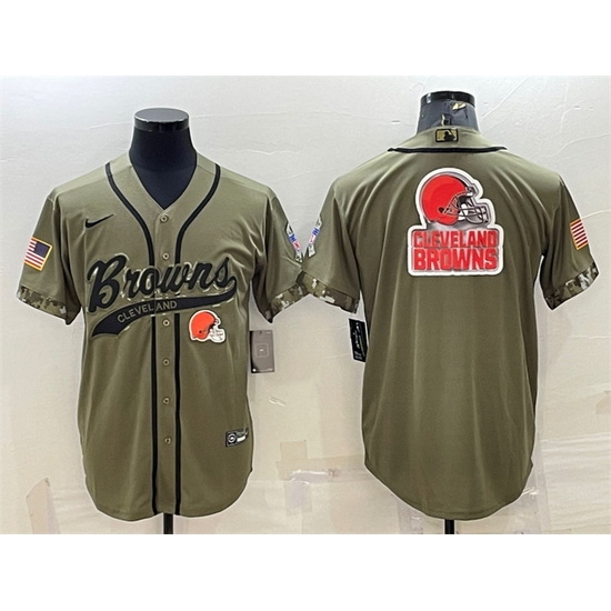 Men Cleveland Browns Olive 2022 Salute To Service Team Big Logo Cool Base Stitched Baseball Jersey Men Cleveland Browns Olive 2022 Salute To Service Team Big Logo Cool Base Stitched Baseball Jersey