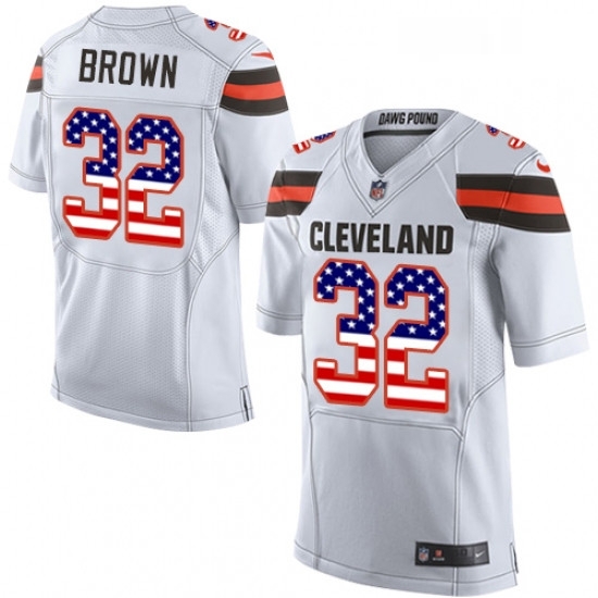 Mens Nike Cleveland Browns 32 Jim Brown Elite White Road USA Flag Fashion NFL Jersey Mens Nike Cleveland Browns 32 Jim Brown Elite White Road USA Flag Fashion NFL Jersey