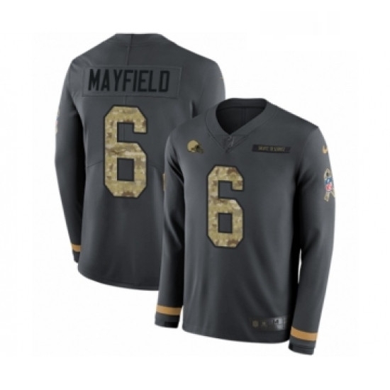 Mens Nike Cleveland Browns 6 Baker Mayfield Limited Black Salute to Service Therma Long Sleeve NFL Jersey Mens Nike Cleveland Browns 6 Baker Mayfield Limited Black Salute to Service Therma Long Sleeve NFL Jersey