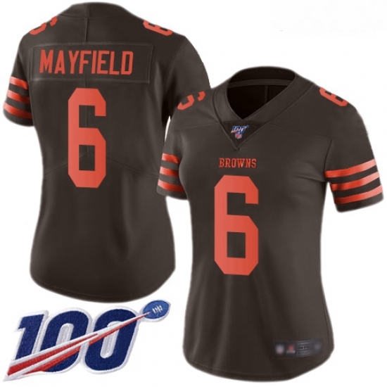 Browns #6 Baker Mayfield Brown Women Stitched Football Limited Rush 100th Season Jersey Browns #6 Baker Mayfield Brown Women Stitched Football Limited Rush 100th Season Jersey