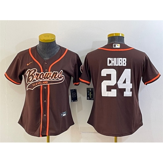 Women Cleveland Browns 24 Nick Chubb Brown With Patch Cool Base Stitched Baseball Jersey Women Cleveland Browns 24 Nick Chubb Brown With Patch Cool Base Stitched Baseball Jersey