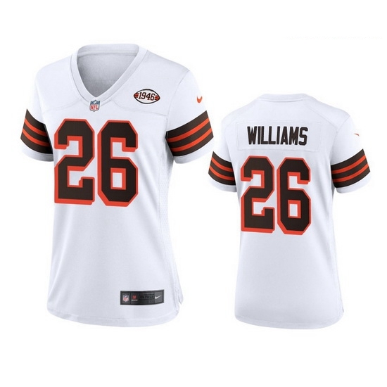 Women Cleveland Browns 26 Greedy Williams Nike 1946 Collection Alternate Game Limited NFL Jersey White Women Cleveland Browns 26 Greedy Williams Nike 1946 Collection Alternate Game Limited NFL Jersey White