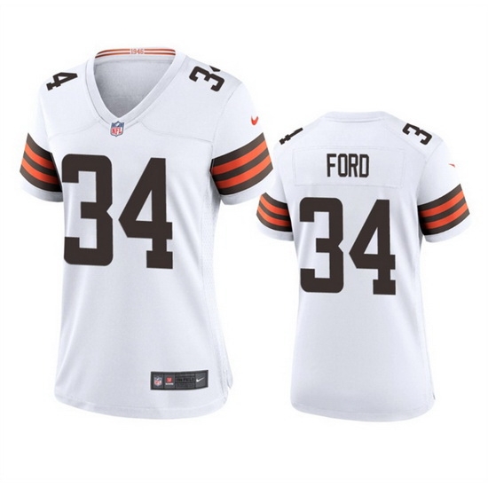 Women Cleveland Browns 34 Jerome Ford White Stitched Jersey 28Run Small 29 Women Cleveland Browns 34 Jerome Ford White Stitched Jersey 28Run Small 29