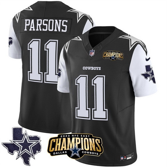 Men Dallas Cowboys 11 Micah Parsons Black White 2023 F U S E NFC East Champions Patch Stitched Football Jersey Men Dallas Cowboys 11 Micah Parsons Black White 2023 F U S E NFC East Champions Patch Stitched Football Jersey
