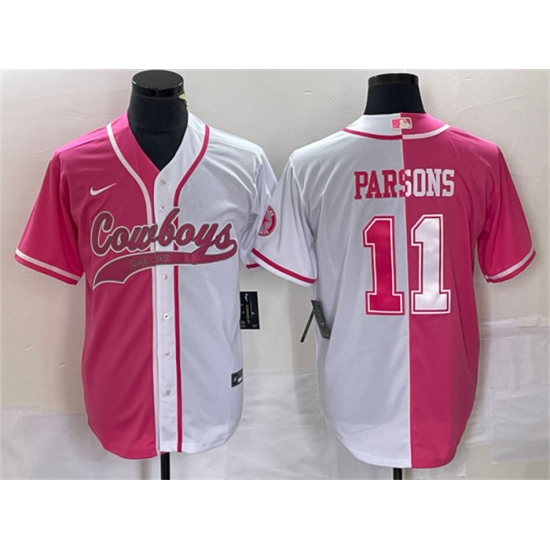 Men Dallas Cowboys 11 Micah Parsons Pink White Split Cool Base Stitched Baseball Jersey Men Dallas Cowboys 11 Micah Parsons Pink White Split Cool Base Stitched Baseball Jersey