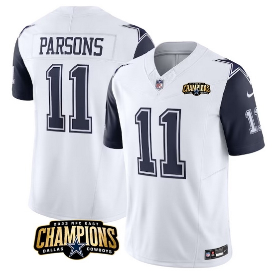 Men Dallas Cowboys 11 Micah Parsons White Navy 2023 F U S E NFC East Champions Patch Stitched Football Jersey Men Dallas Cowboys 11 Micah Parsons White Navy 2023 F U S E NFC East Champions Patch Stitched Football Jersey