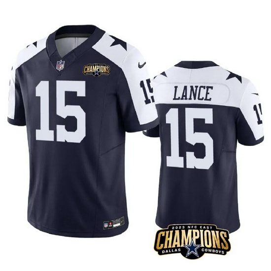 Men Dallas Cowboys 15 Trey Lance Navy White 2023 F U S E NFC East Champions Patch Stitched Football Jersey Men Dallas Cowboys 15 Trey Lance Navy White 2023 F U S E NFC East Champions Patch Stitched Football Jersey