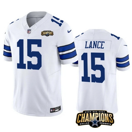 Men Dallas Cowboys 15 Trey Lance White 2023 F U S E NFC East Champions Patch Stitched Football Jersey Men Dallas Cowboys 15 Trey Lance White 2023 F U S E NFC East Champions Patch Stitched Football Jersey