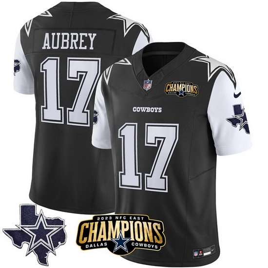 Men Dallas Cowboys 17 Brandon Aubrey Black White 2023 F U S E NFC East Champions Patch Stitched Football Jersey Men Dallas Cowboys 17 Brandon Aubrey Black White 2023 F U S E NFC East Champions Patch Stitched Football Jersey